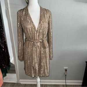 Mac Duggal Gold Pleated Mini Gown with Bishop Sleeves